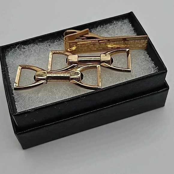 RARE Christian Dior Horse Bridle Cufflinks Gold and Onyx and Gold Filled Tie bar - Picture 1 of 5